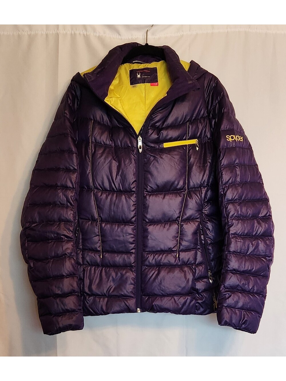 Spider Timeless Hoody Puffer Jacket Coat Purple/Yellow Woman Size Large